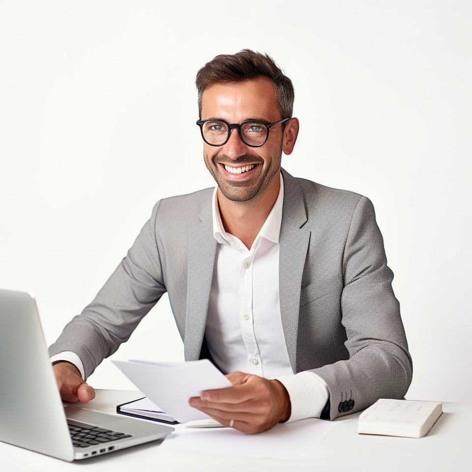 Friendly smiling handsome man banking and finance financial controller at work on blured background