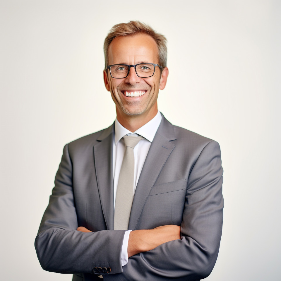 Friendly smiling handsome man banking and finance chief financial officer at work on blured background