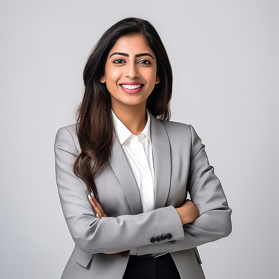 Friendly smiling beautiful indian woman banking and finance portfolio manager at work on blured background
