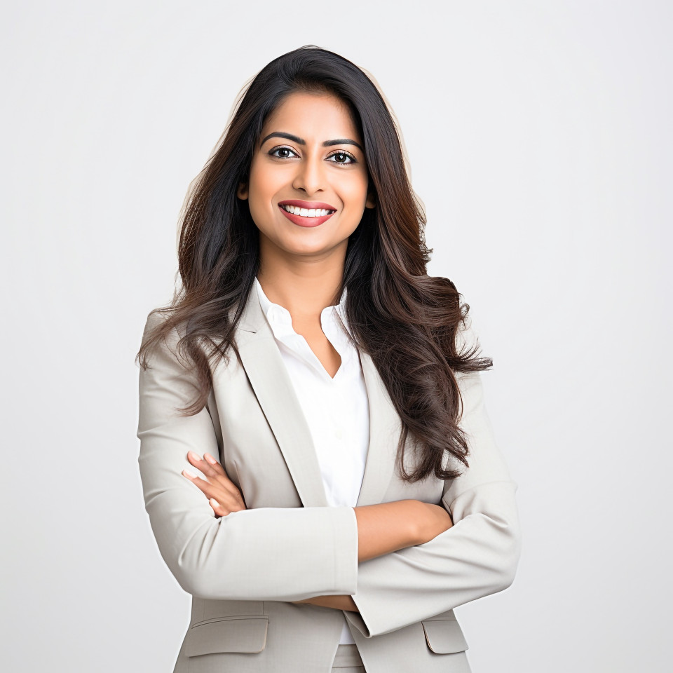 Friendly smiling beautiful indian woman banking and finance hr manager at work on blured background