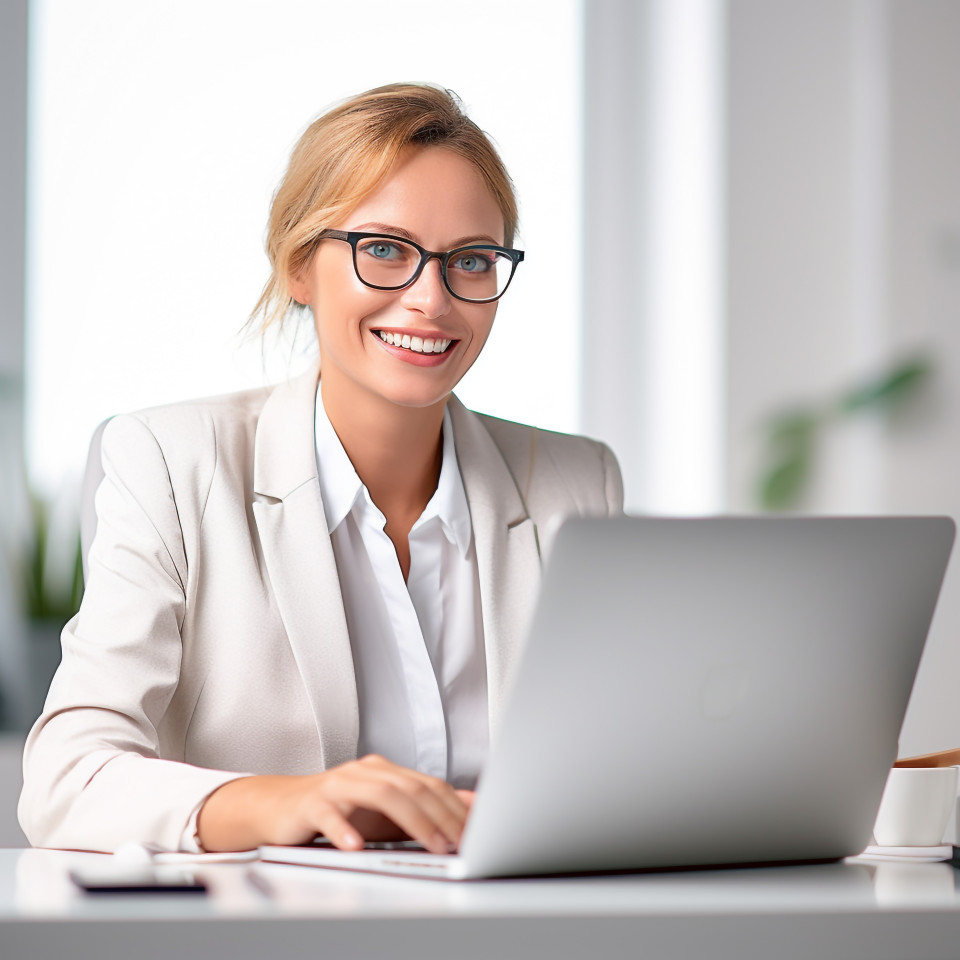 Friendly smiling beautiful woman banking and finance chief operating officer at work on blured background