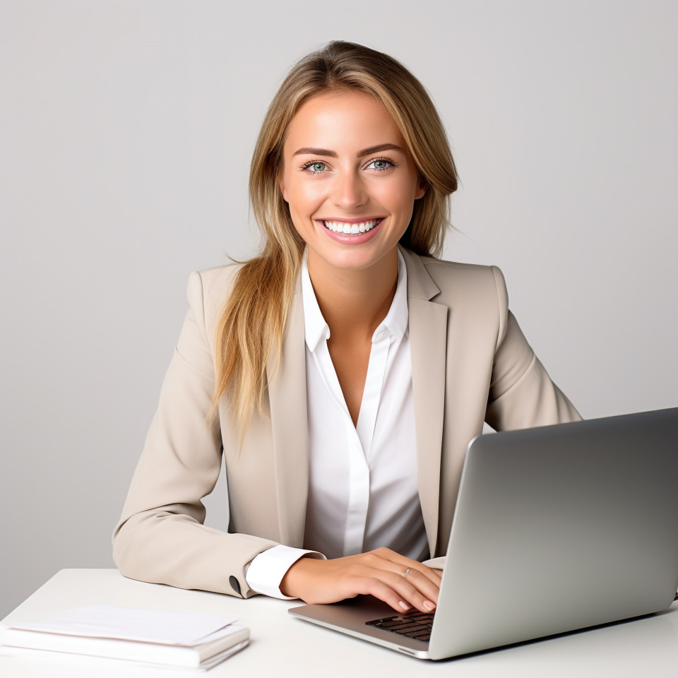 Friendly smiling beautiful woman banking and finance chief operating officer at work on blured background