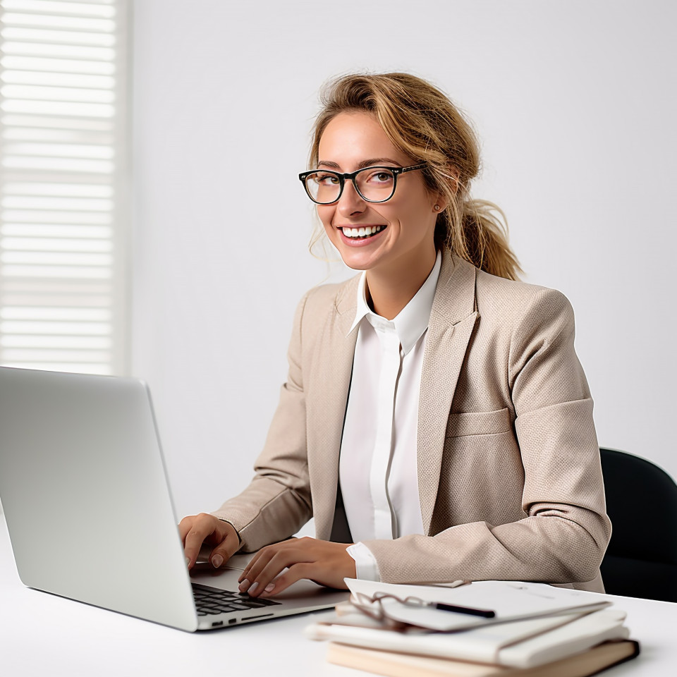 Friendly smiling beautiful woman banking and finance chief operating officer at work on blured background