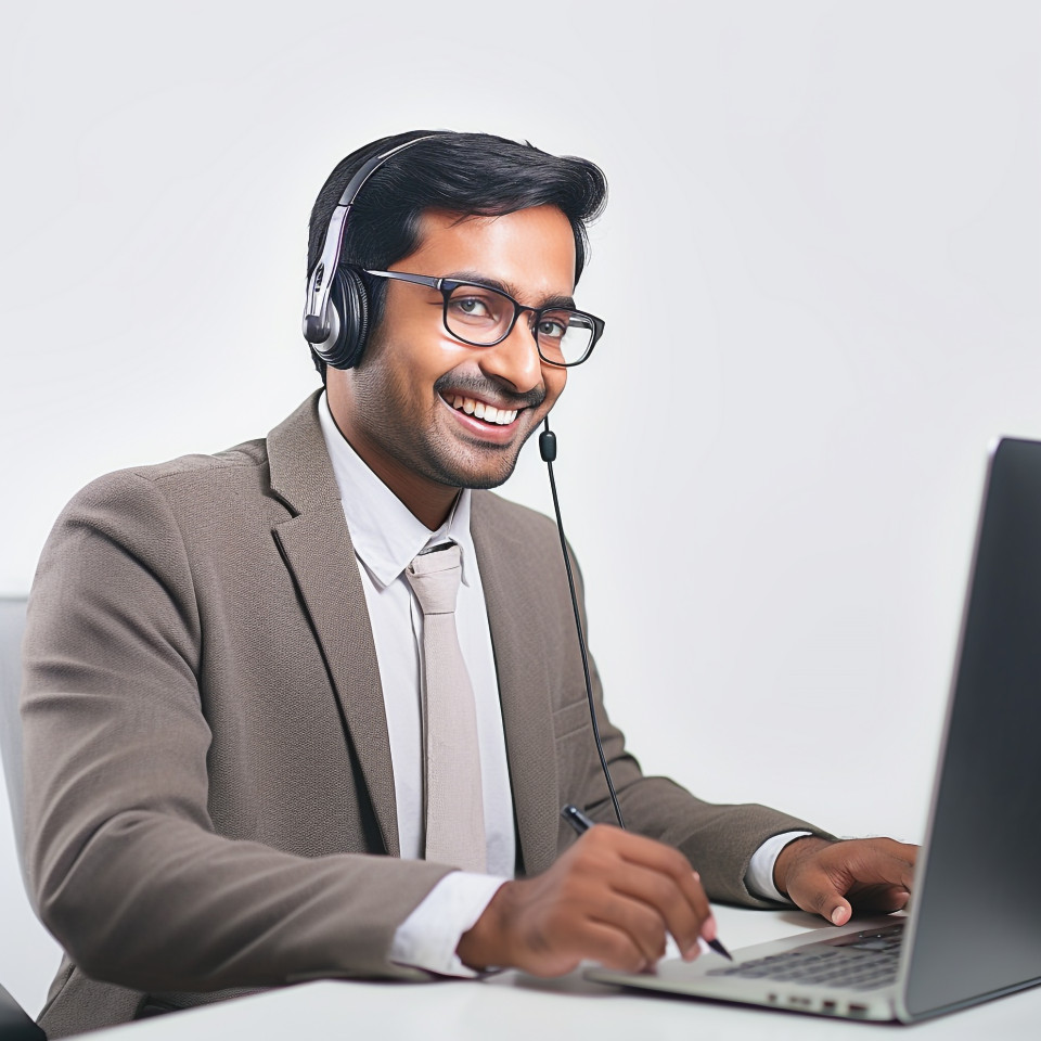 Friendly smiling handsome indian man banking and finance call center representative at work on blured background