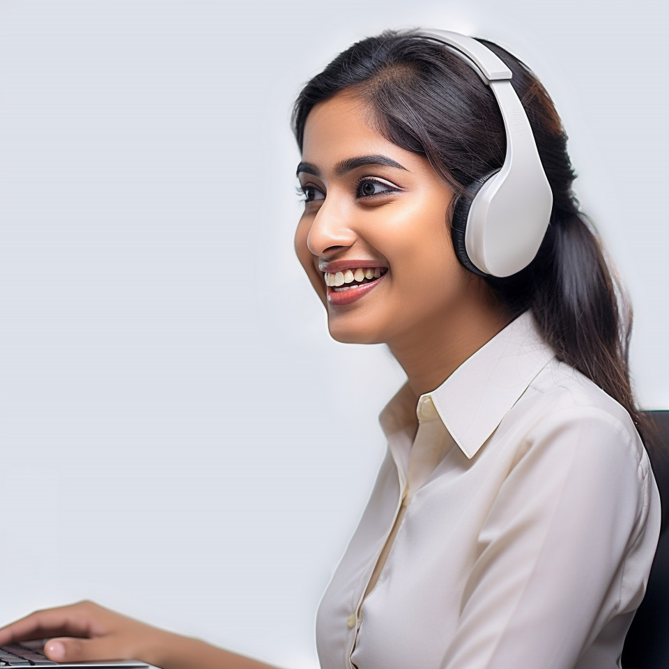 Friendly smiling beautiful indian woman banking and finance call center representative at work on blured background