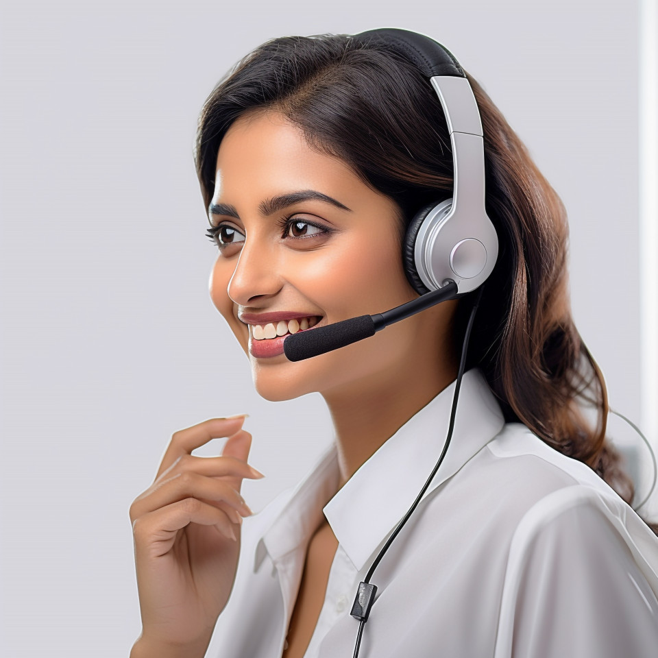 Friendly smiling beautiful indian woman banking and finance call center representative at work on blured background