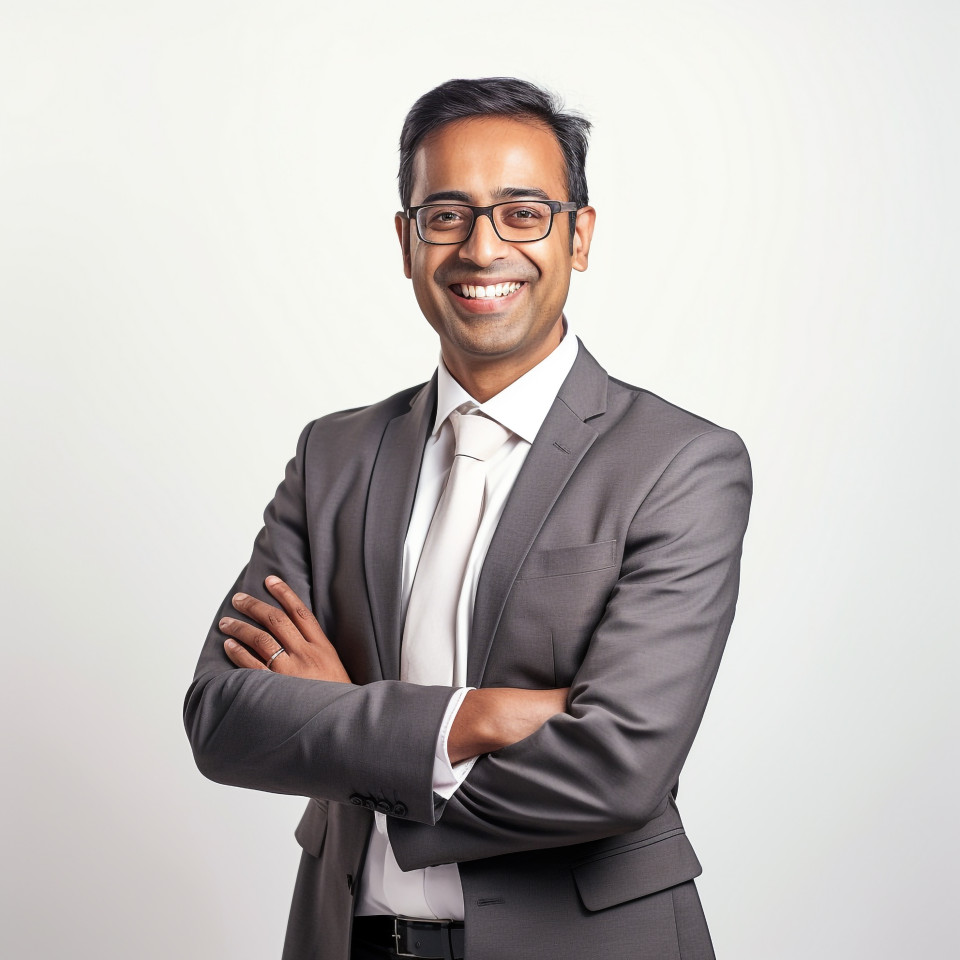 Friendly smiling handsome indian man banking and finance hr manager at work on blured background