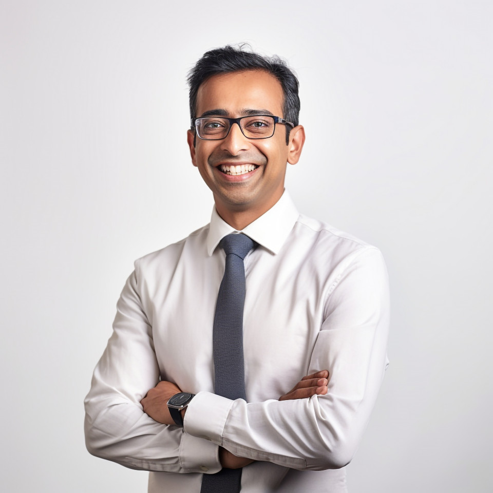 Friendly smiling handsome indian man banking and finance hr manager at work on blured background