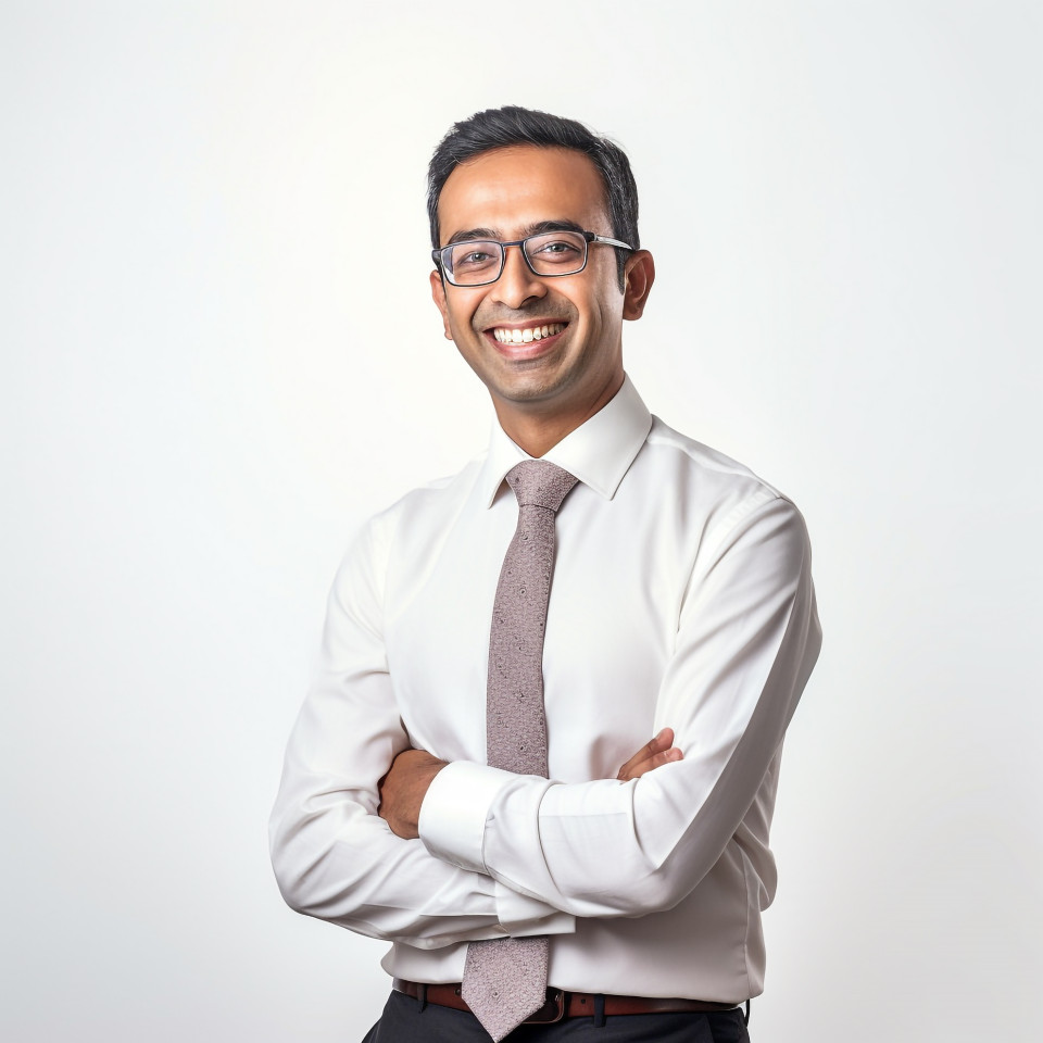 Friendly smiling handsome indian man banking and finance hr manager at work on blured background