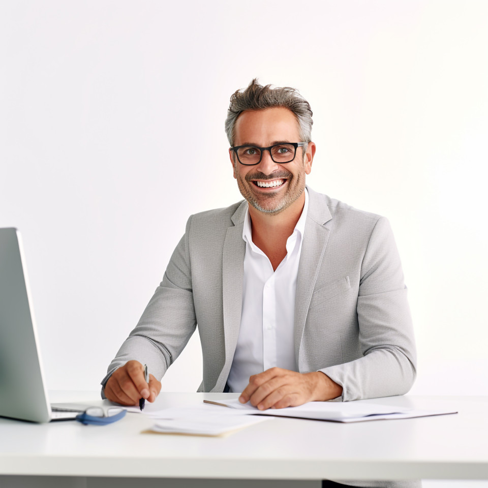 Friendly smiling handsome man banking and finance chief operating officer at work on blured background