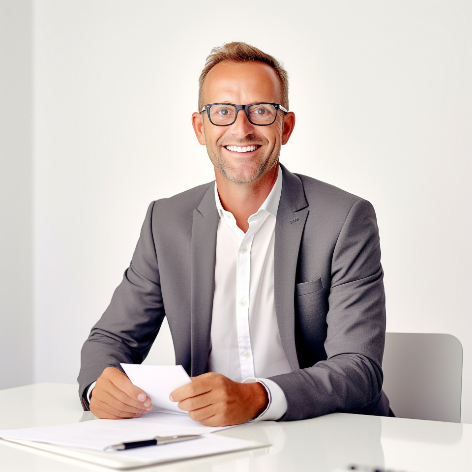 Friendly smiling handsome man banking and finance chief operating officer at work on blured background