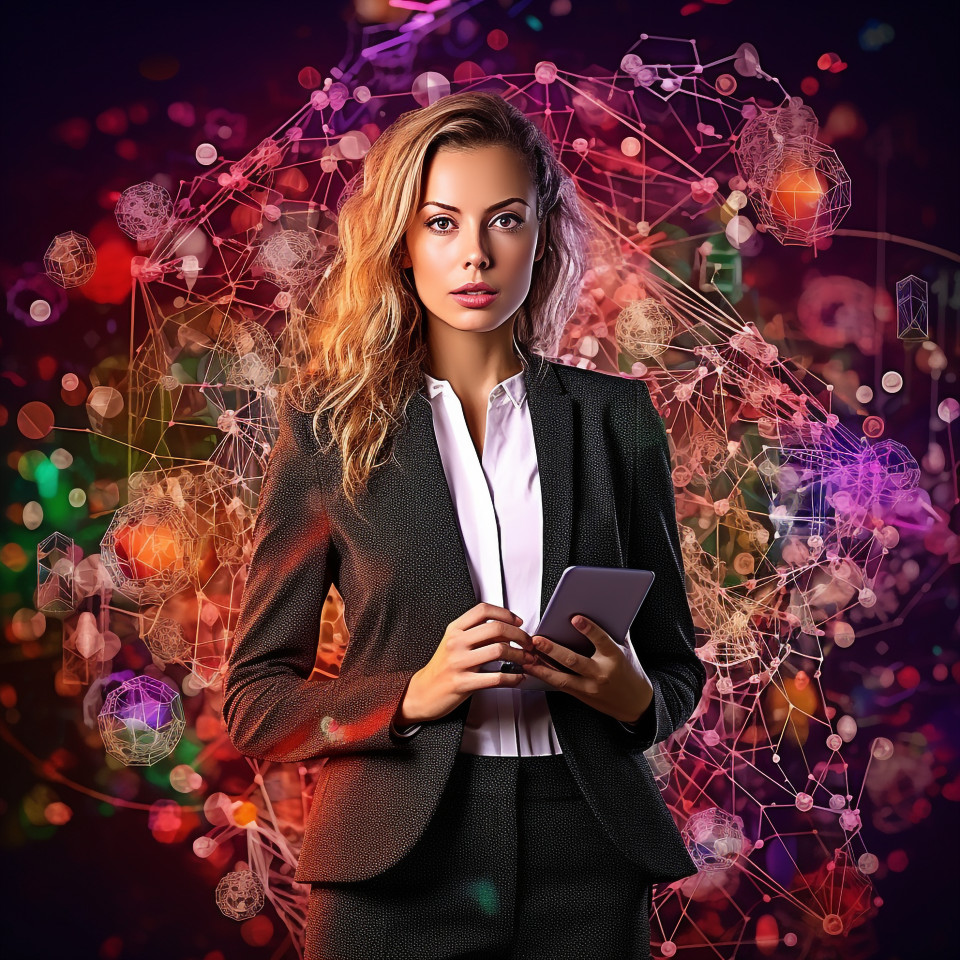 Confident beautiful woman banking and finance cybersecurity expert at work on blured background