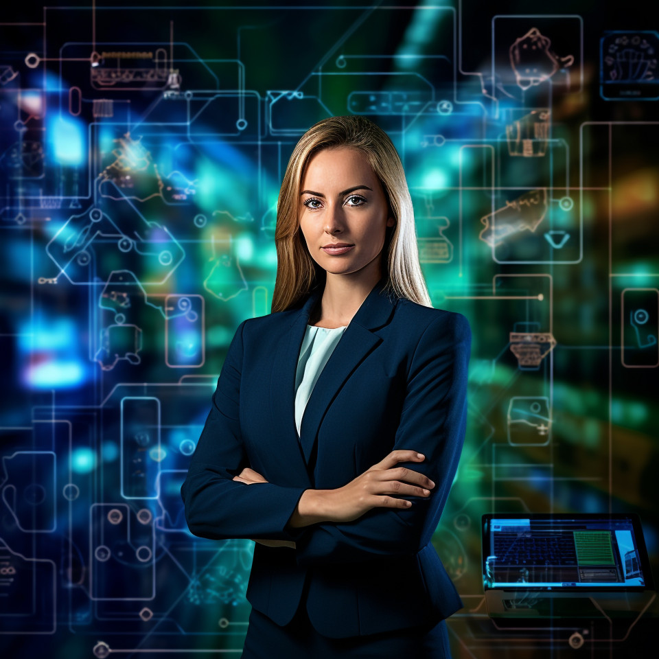 Confident beautiful woman banking and finance cybersecurity expert at work on blured background