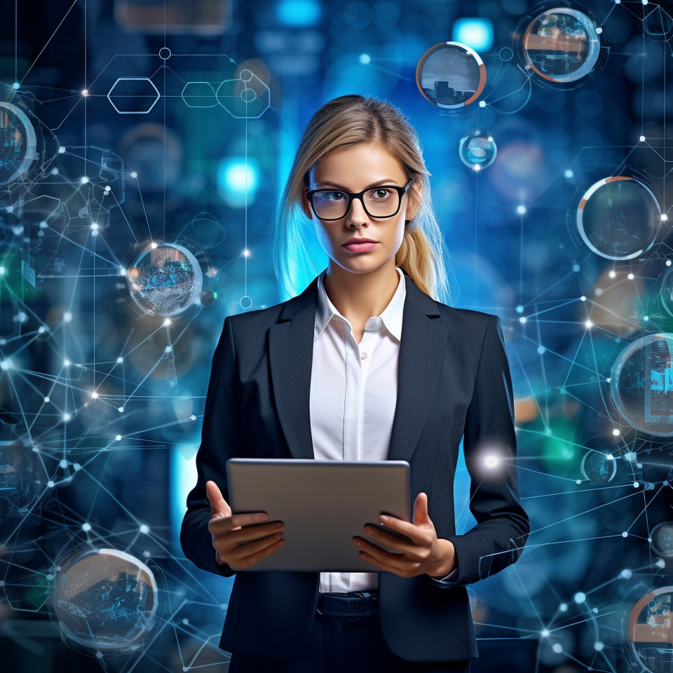 Confident beautiful woman banking and finance cybersecurity expert at work on blured background