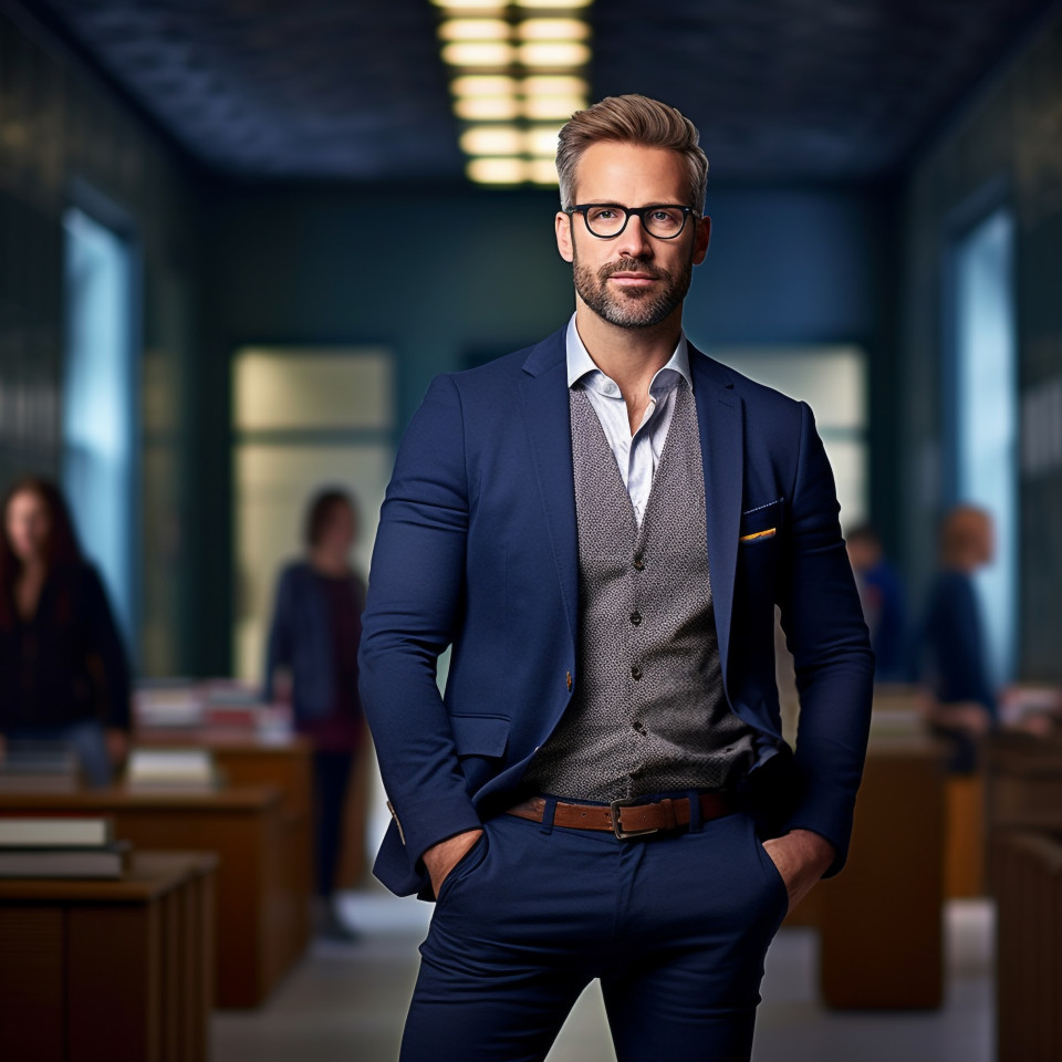 Confident handsome man banking and finance relationship manager at work on blured background
