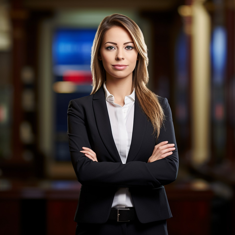 Confident beautiful woman banking and finance recruiter at work on blured background