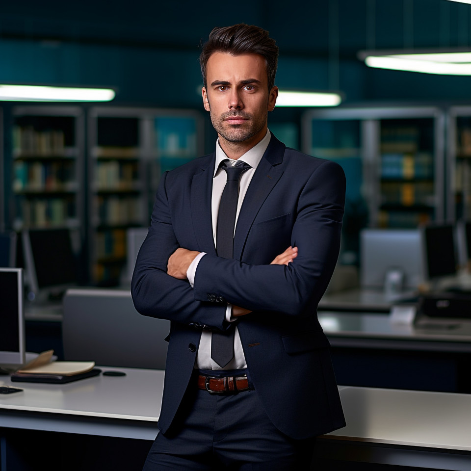 Confident handsome man banking and finance financial controller at work on blured background