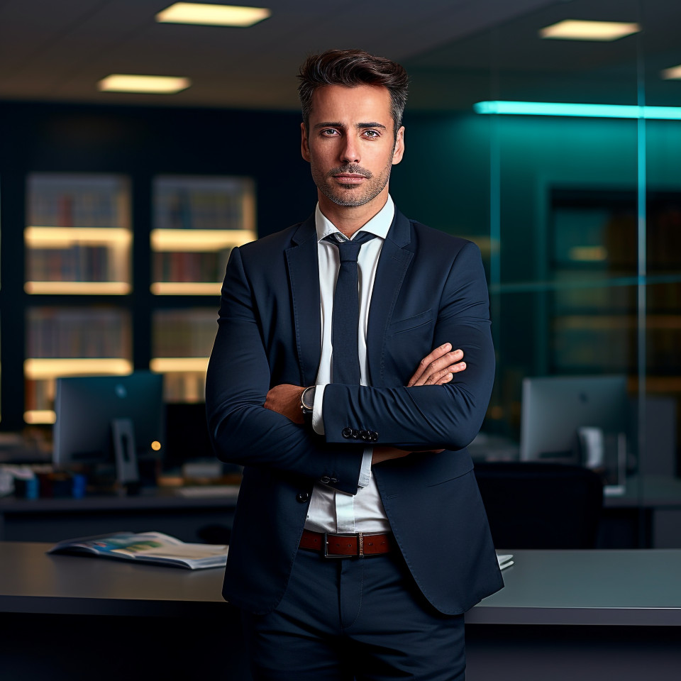 Confident handsome man banking and finance financial controller at work on blured background