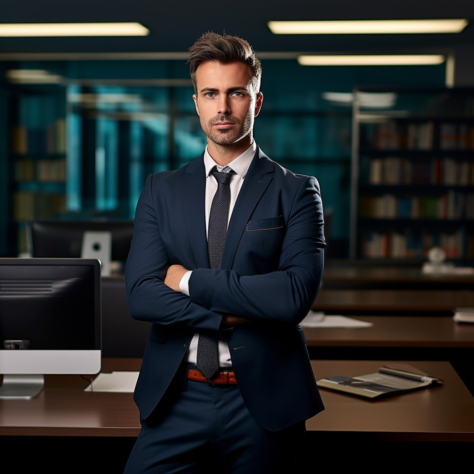 Confident handsome man banking and finance financial controller at work on blured background