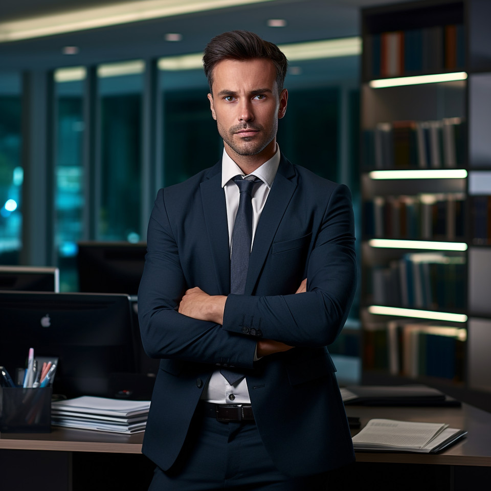 Confident handsome man banking and finance financial controller at work on blured background