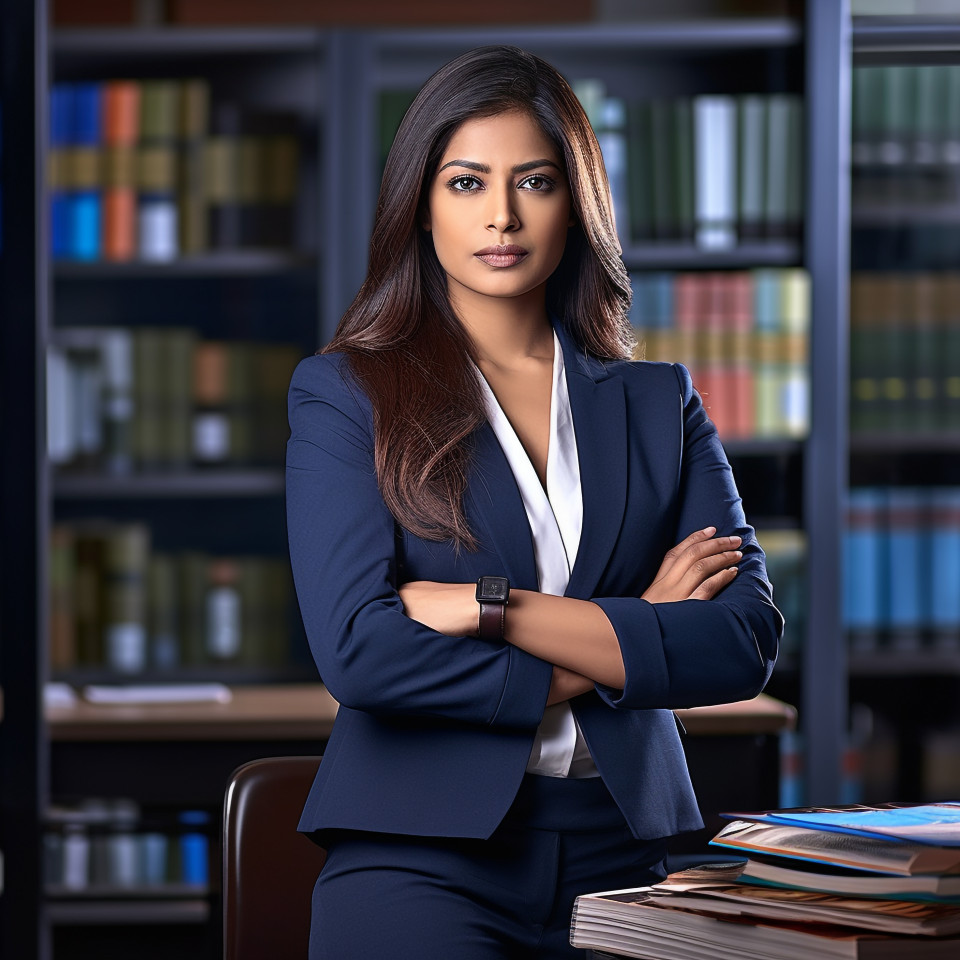 Confident beautiful indian woman banking and finance client relationship manager at work on blured background