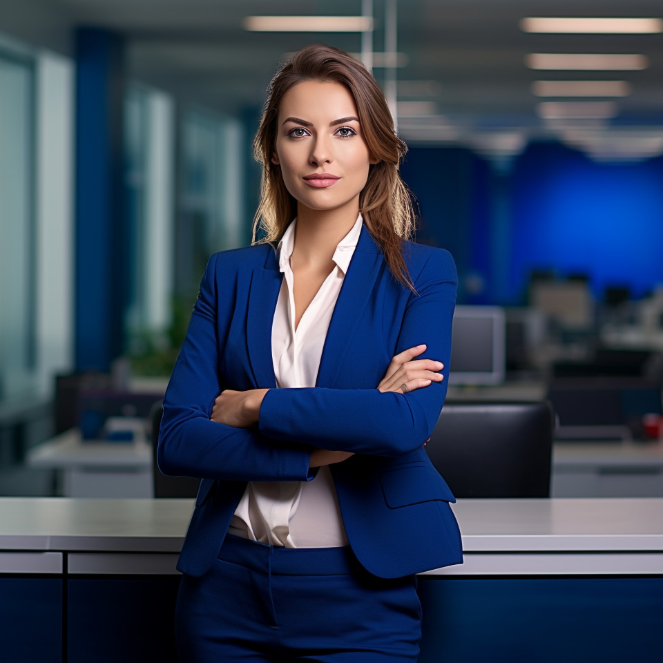 Confident beautiful woman banking and finance hr manager at work on blured background