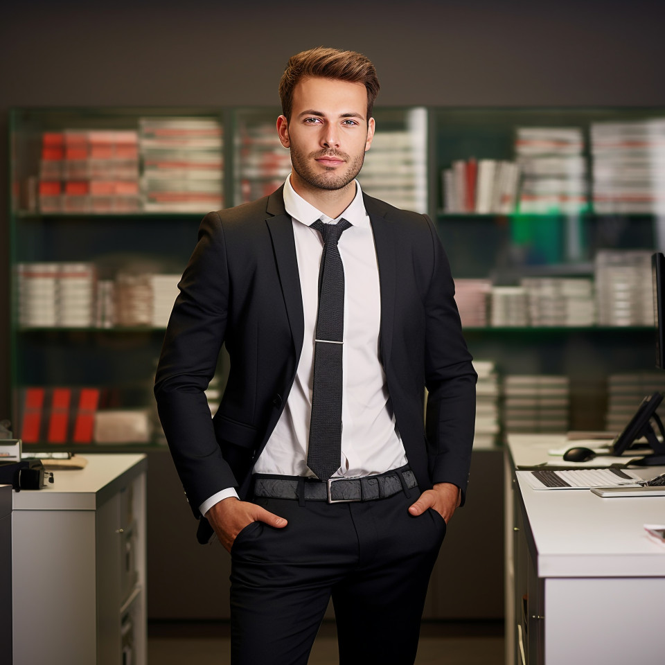 Confident handsome man banking and finance administrative assistant at work on blured background