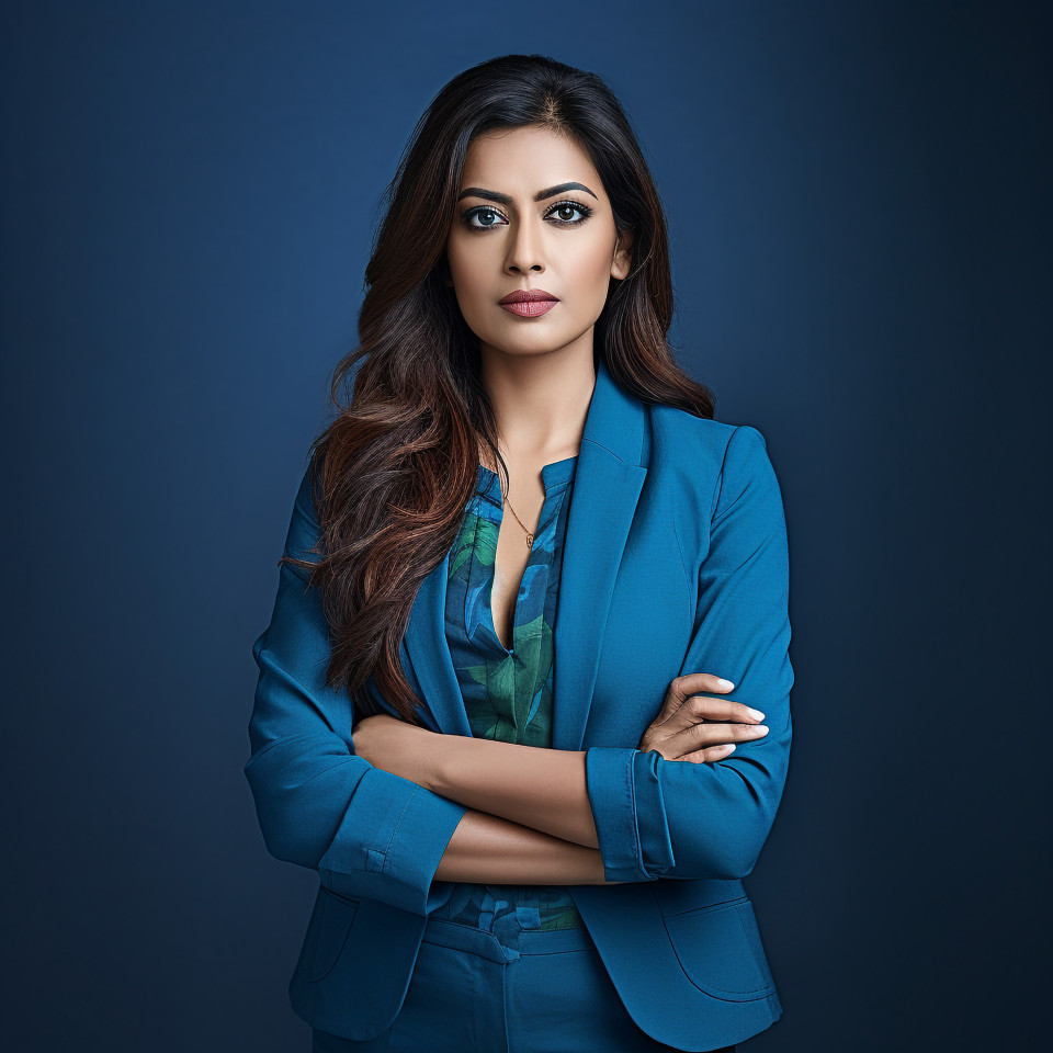 Confident beautiful indian woman banking and finance hr manager at work on blured background