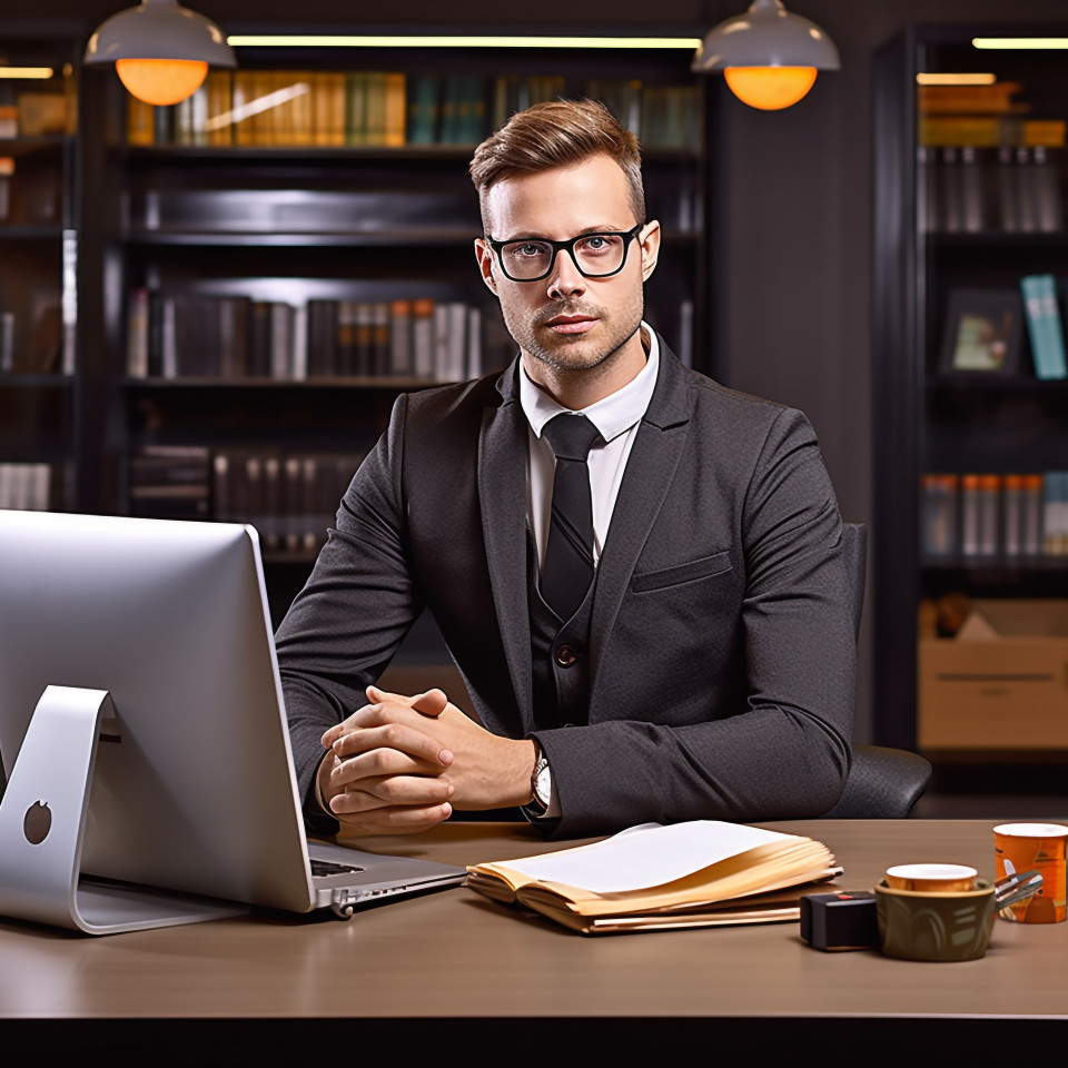 Confident handsome man banking and finance administrative assistant at work on blured background