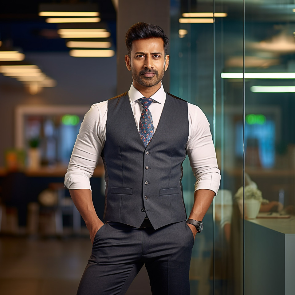 Confident handsome indian man banking and finance chief financial officer at work on blured background