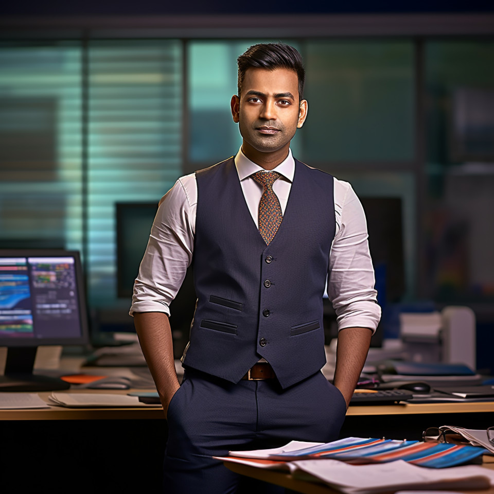 Confident handsome indian man banking and finance administrative assistant at work on blured background