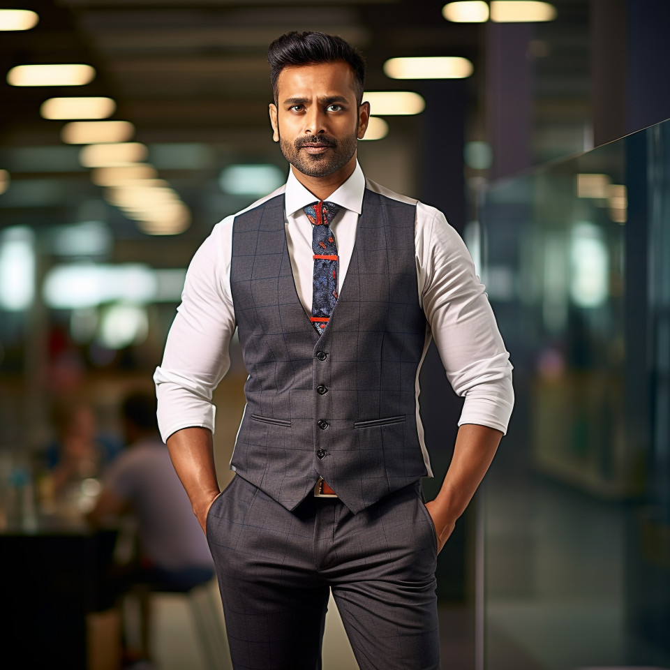 Confident handsome indian man banking and finance chief financial officer at work on blured background