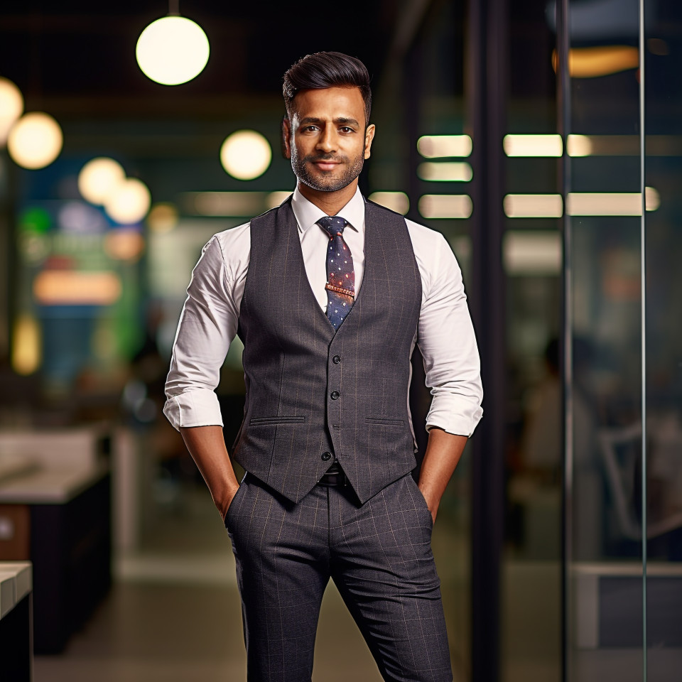 Confident handsome indian man banking and finance chief financial officer at work on blured background