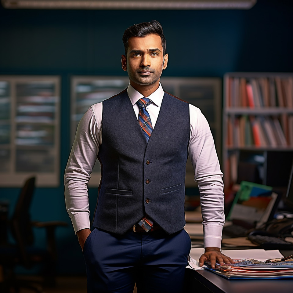 Confident handsome indian man banking and finance administrative assistant at work on blured background