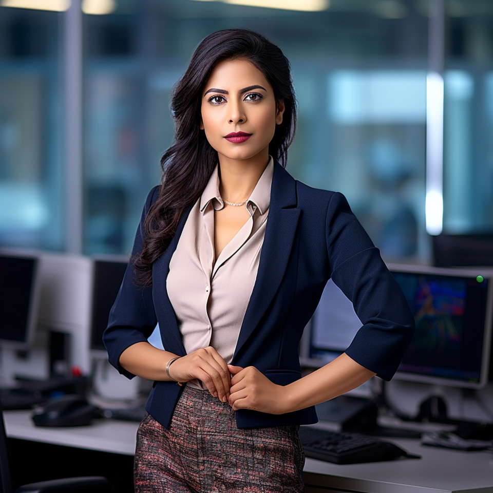 Stock photography of confident beautiful indian woman banking and finance chief financial officer at work