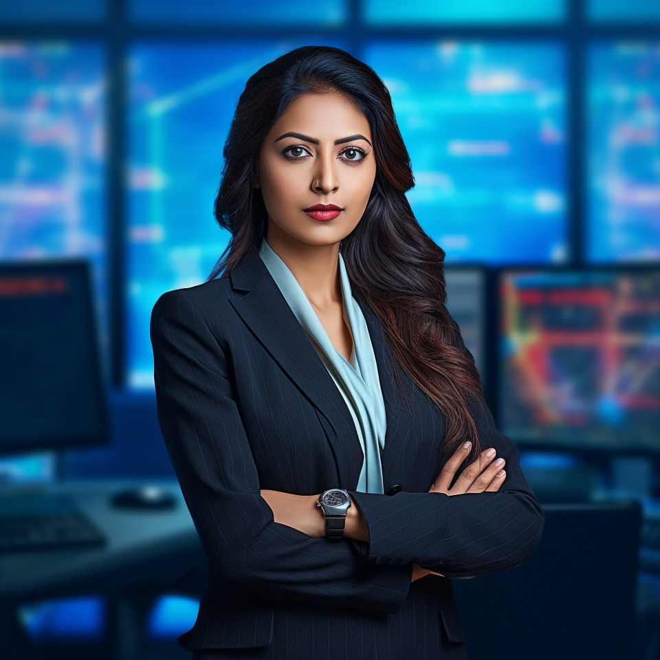 Confident beautiful indian woman banking and finance chief risk officer at work on blured background