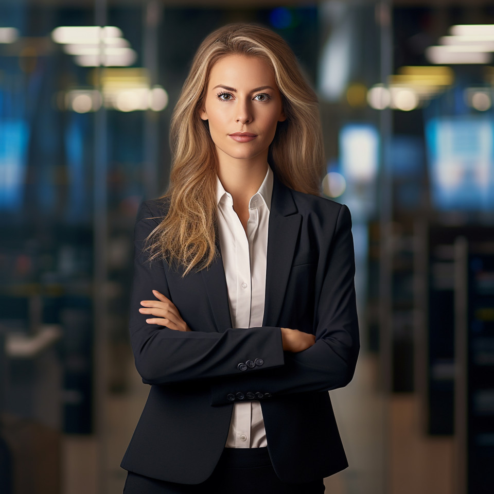Confident beautiful woman banking and finance chief risk officer at work on blured background