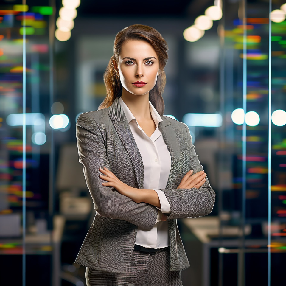 Confident beautiful woman banking and finance chief risk officer at work on blured background