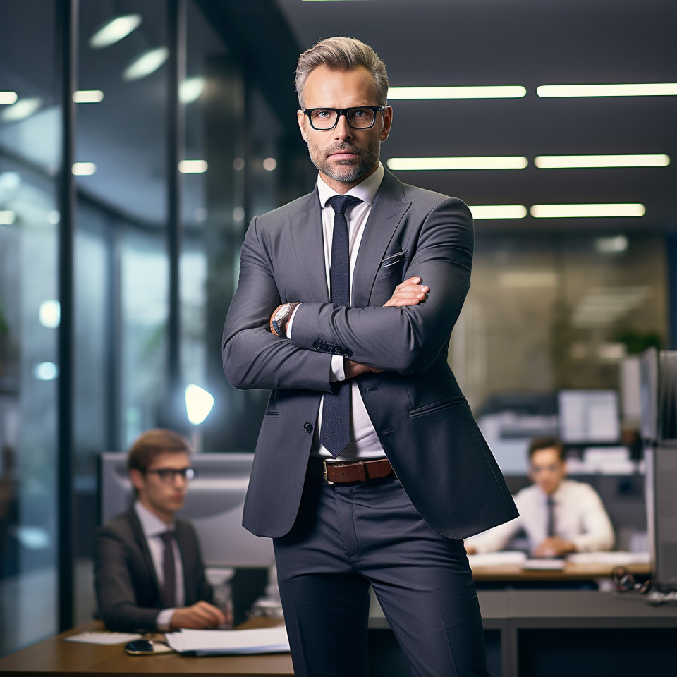 Confident handsome man banking and finance chief investment officer at work on blured background