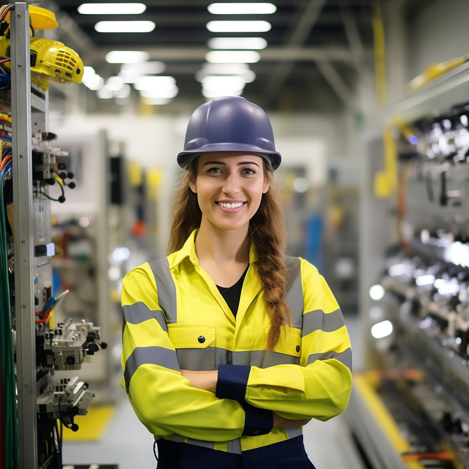 Smiling female automation engineer working blured background