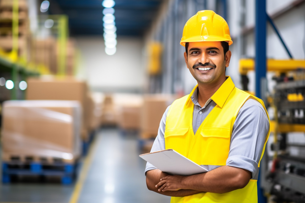 Happy indian factory worker smiling at work on blured background