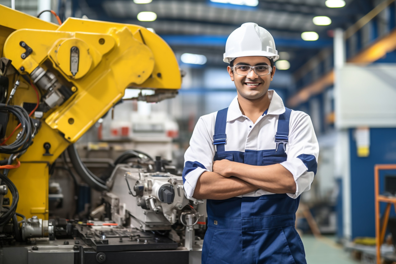 Smiling indian woman chief engineer hard at work on blured background