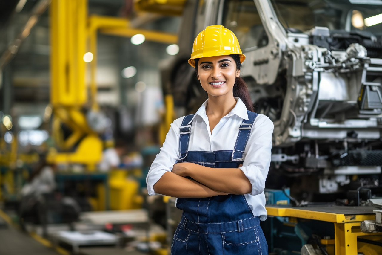 Smiling indian woman chief engineer hard at work on blured background