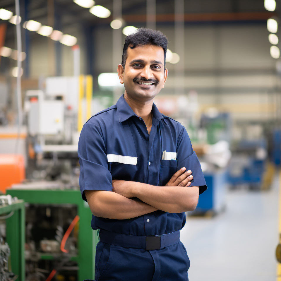 Handsome indian factory worker smiling at work on blured background