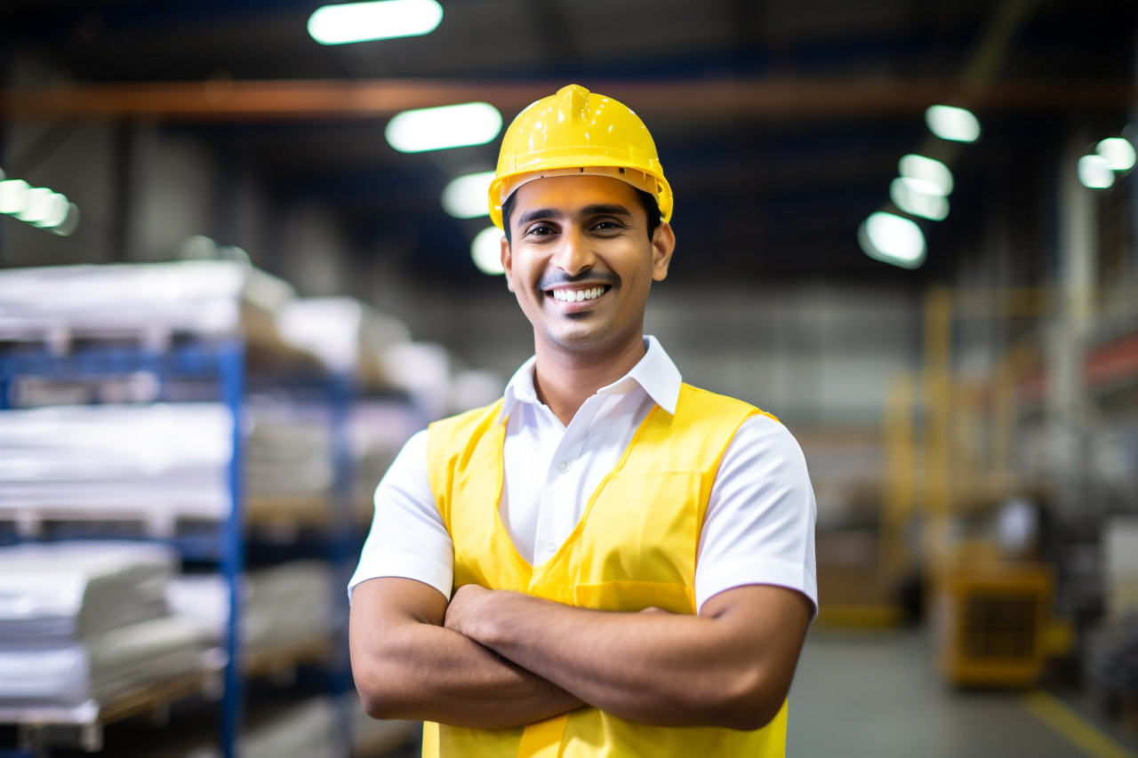 Happy indian factory worker smiling at work on blured background
