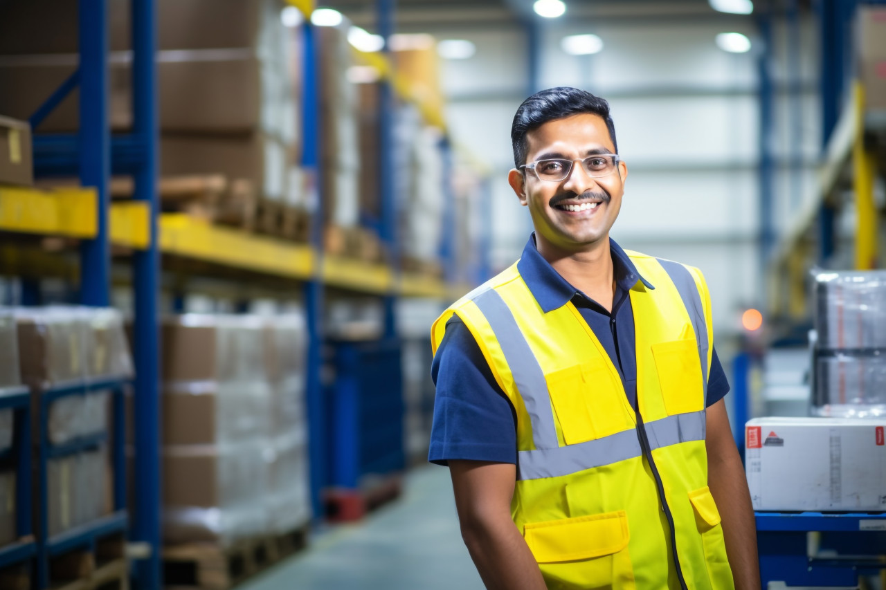 Happy indian factory worker smiling at work on blured background