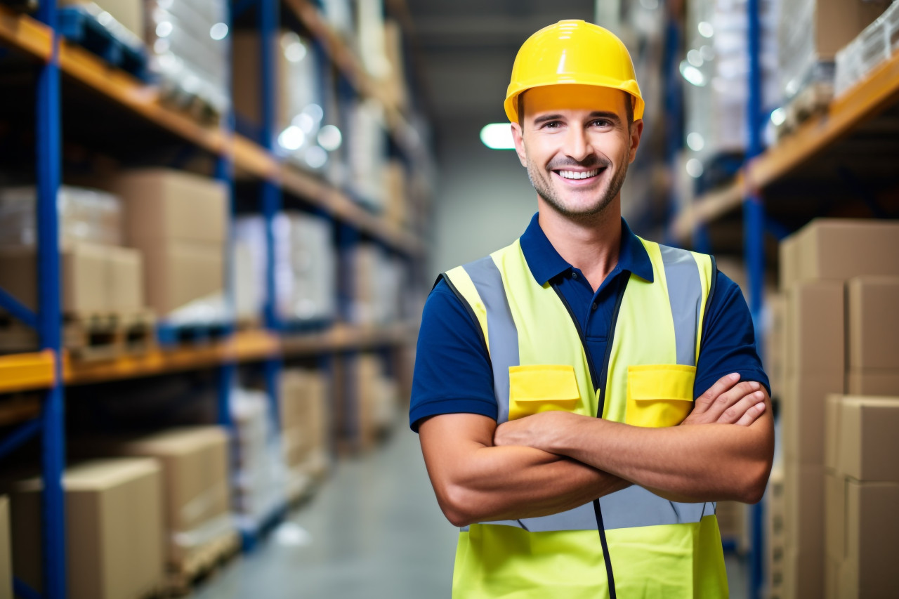 Smiling factory worker at work on blured background