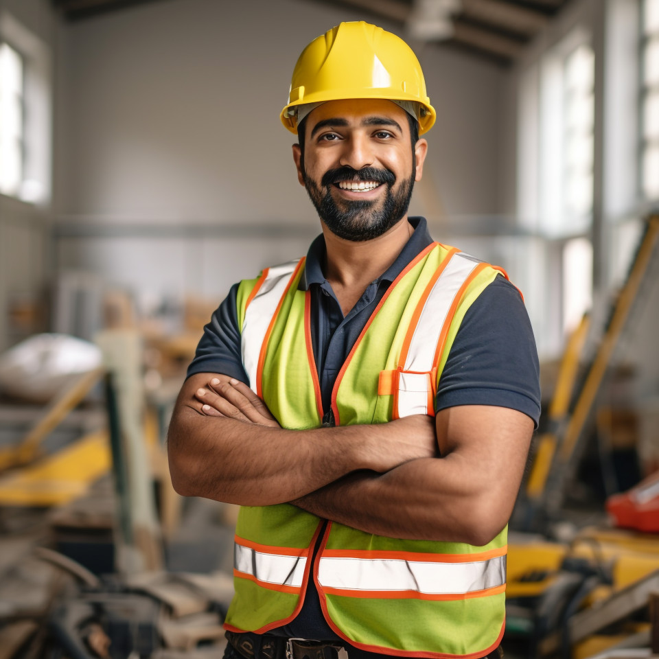 Indian construction worker smiling at work on blured background