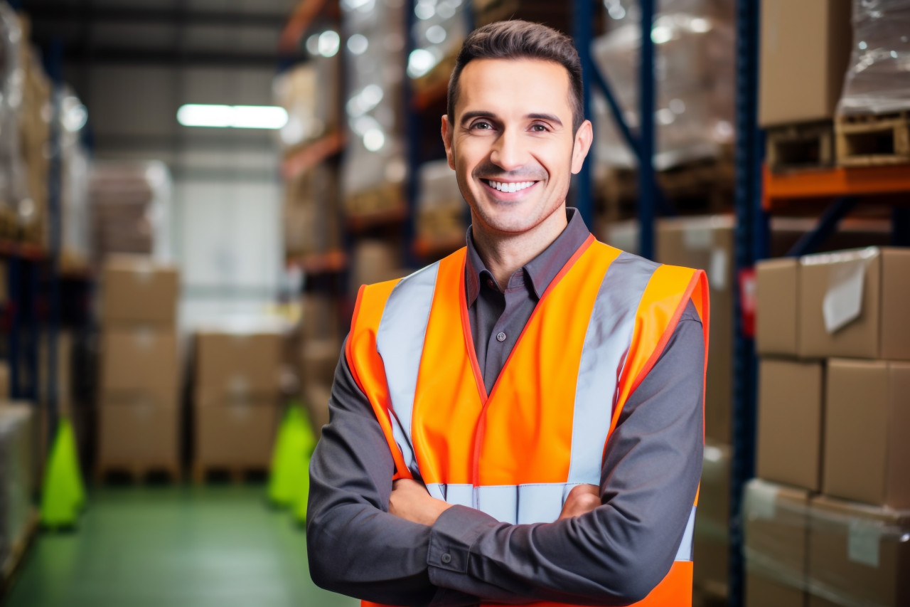 Smiling factory worker at work on blured background