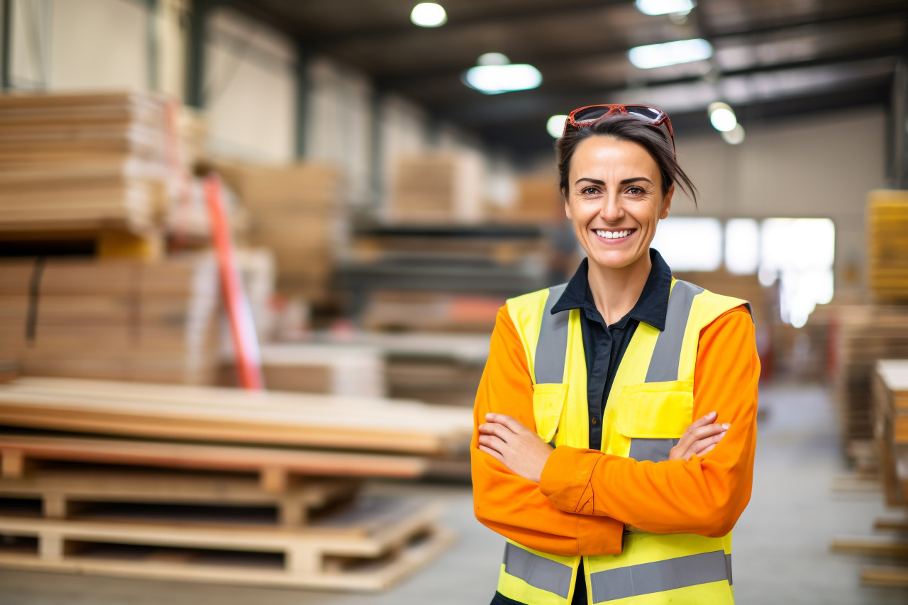 Smiling female machinist at work in factory on blured background